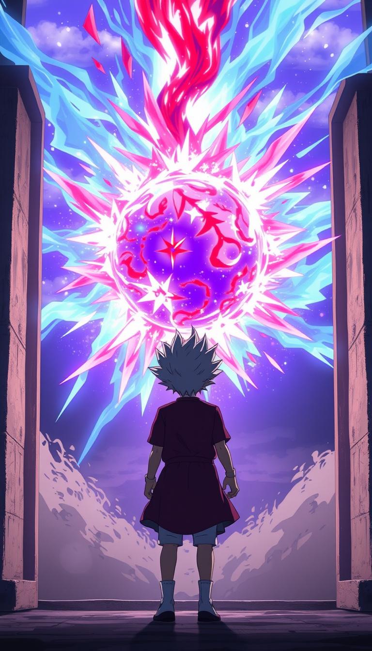 Main art studio: 10-second cinematic anime video, Gojo's blue and red cursed energy rapidly merge into a massive glowing purple energy sphere, strong wind and dust mov
