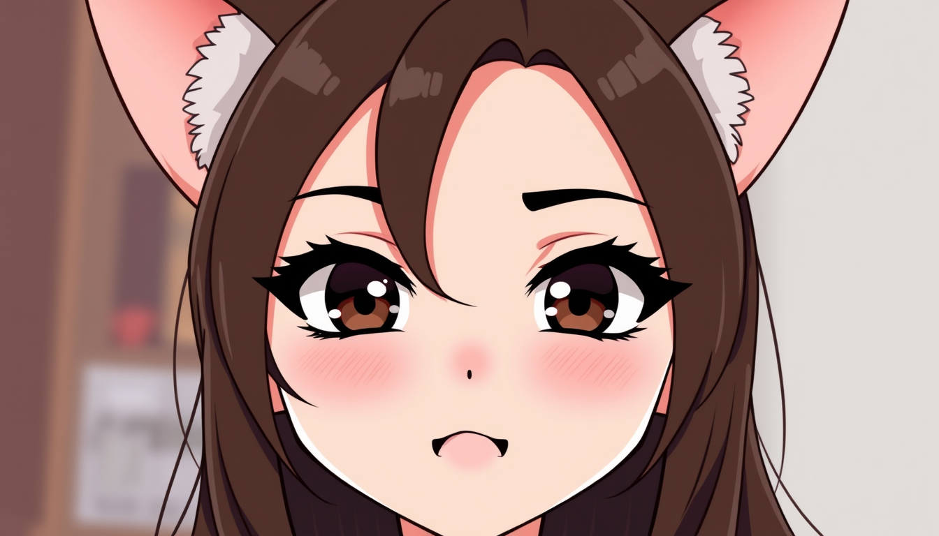 VTuber idea: vtuber avatar character, anime style, expressive face, streaming-ready design, A gyaru v tuber with dark brown hair, cat ears, pale olive skin, heavy
