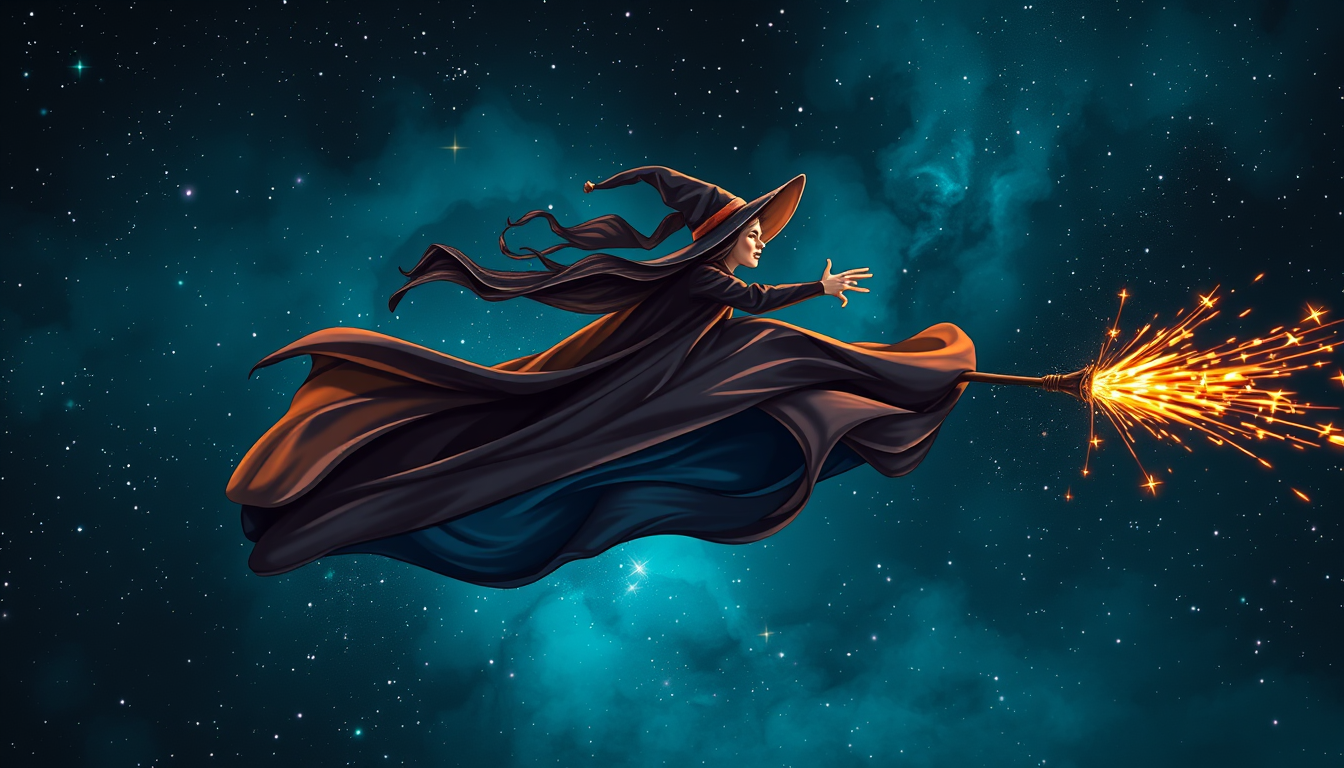AI Art prompt example created from the prompt: witch flying through a starry night sky, flowing robes, magical sparks