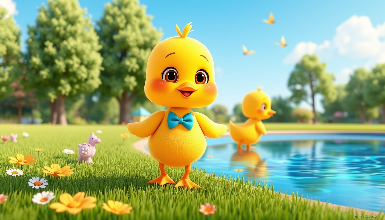 Main art studio: The same cute little yellow duckling with round cheeks, big shiny brown eyes, a tiny orange beak, and tiny orange feet, wearing a small blue bow tie,