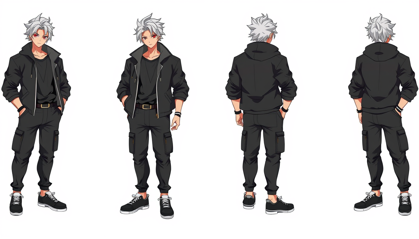 Main art studio: Full body character design sheet of VEXOR, entire character visible from the top of his head to the bottom of both shoes, silver-white messy hair, sha
