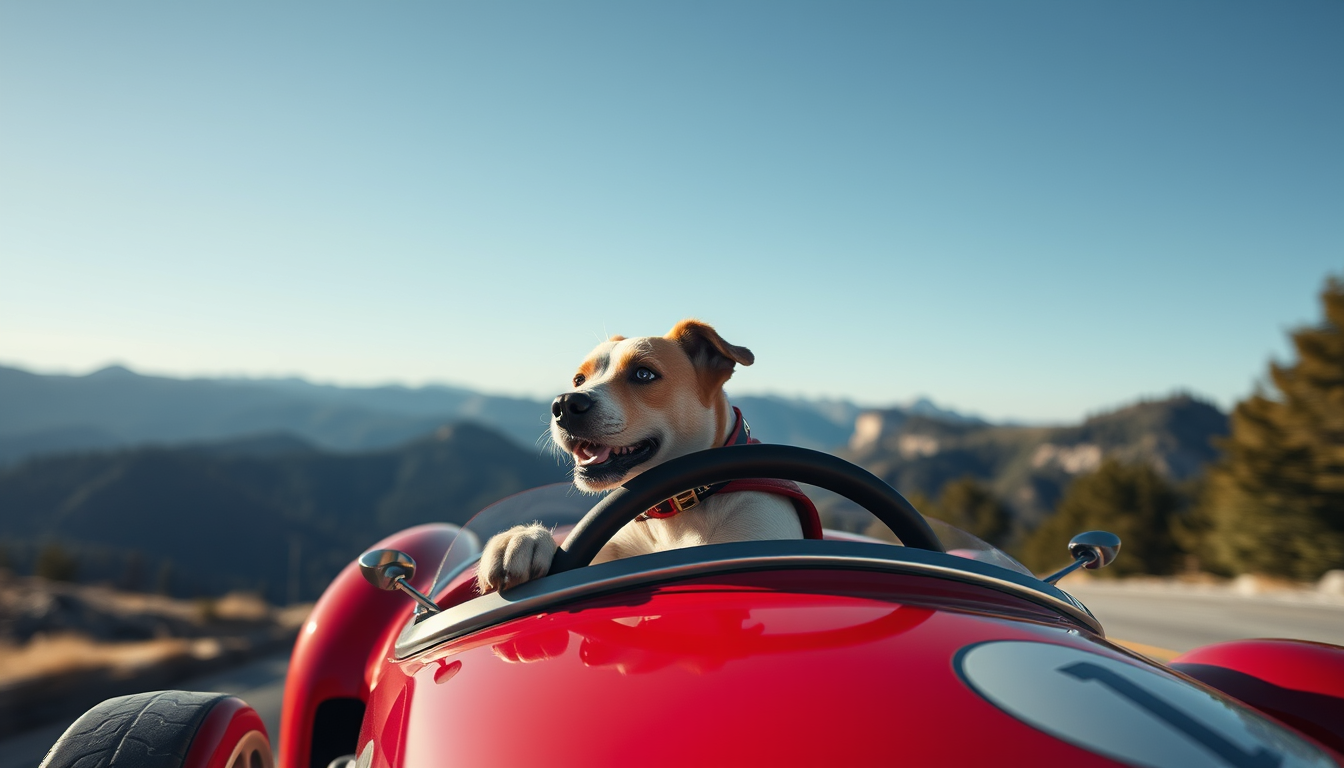 Main art studio: Bernie's mountain dog driving a red race car at noon