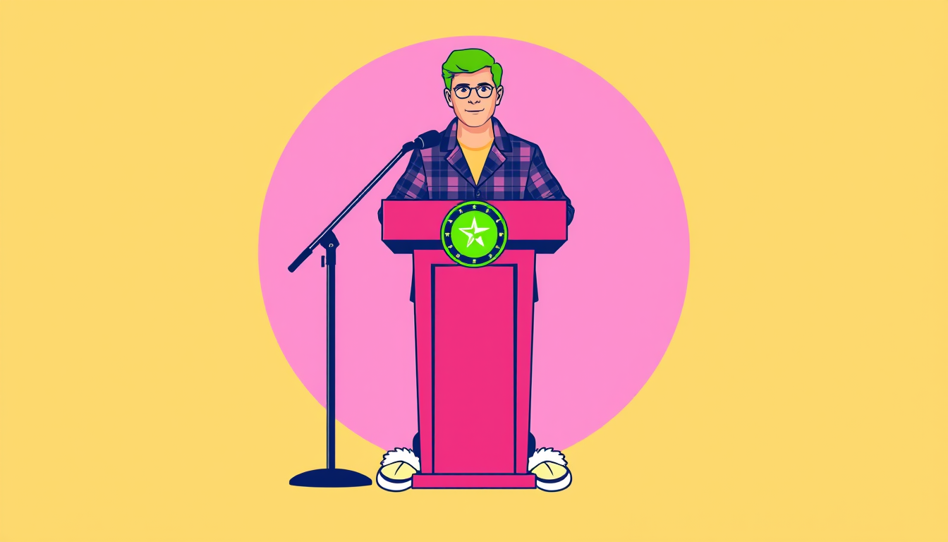 AI Art prompt example created from the prompt: : A minimalist vector logo for a political party parody, a formal official press podium and microphone, but behind the podium stands a perso