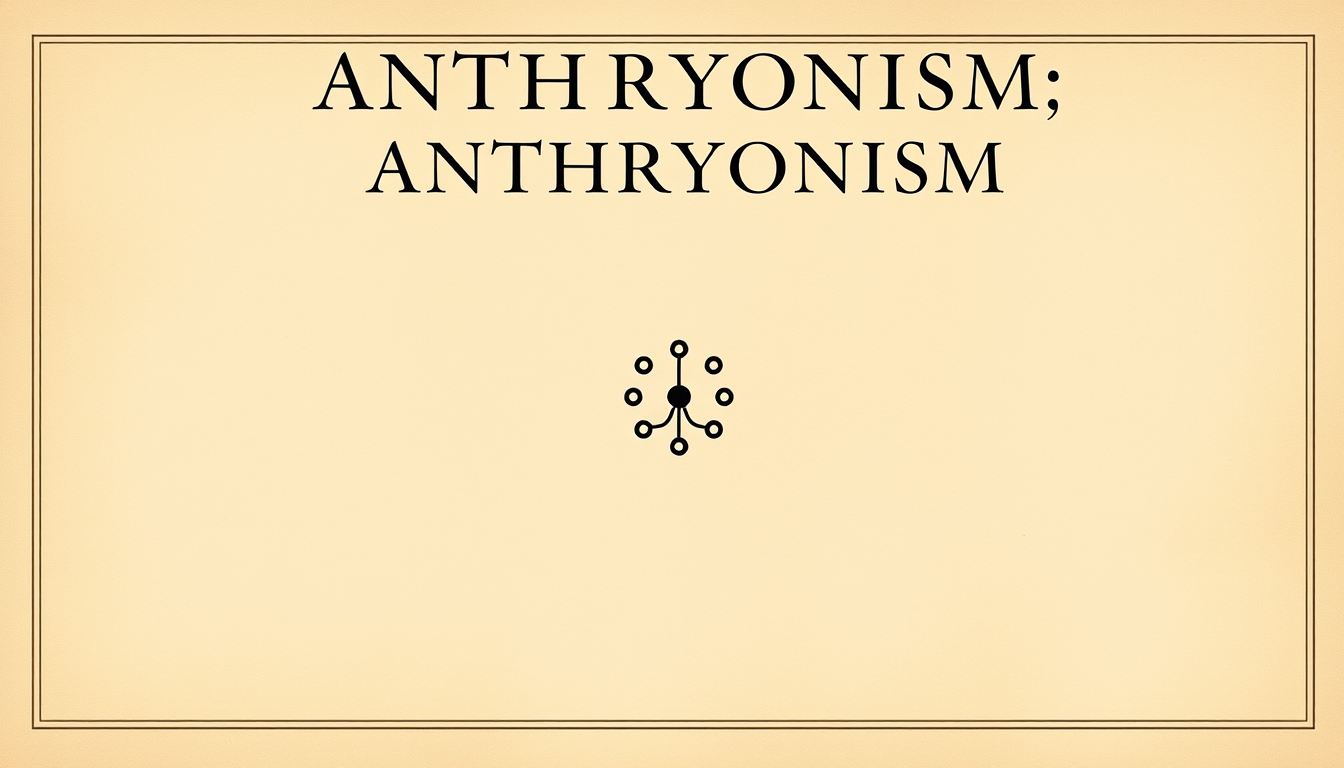 Main art studio: A minimalist philosophical title card. At the top, the name "ANTHRYONISM" in elegant classic typography. In the center, a simple unique philosophical