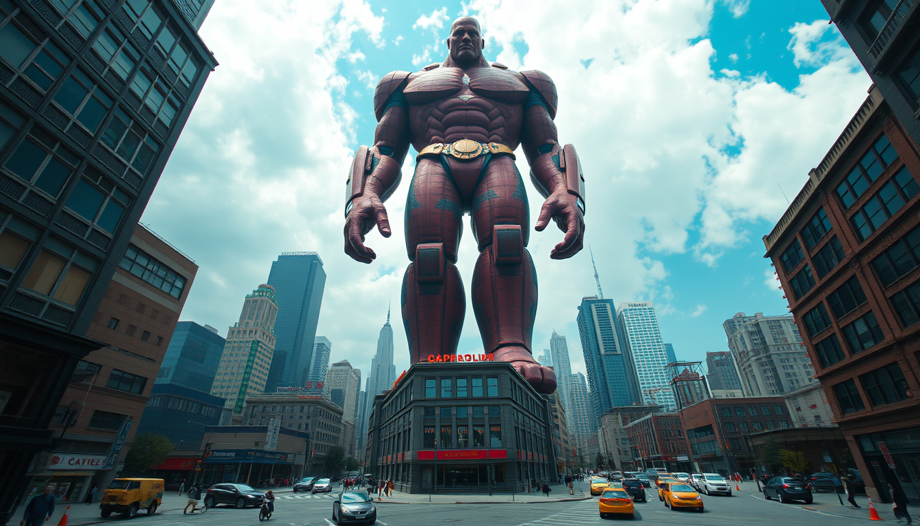 AI Art idea created from the prompt: colossal character, gigantic scale, building-sized character, towering over the entire city, enormous size difference, tiny buildings and ca