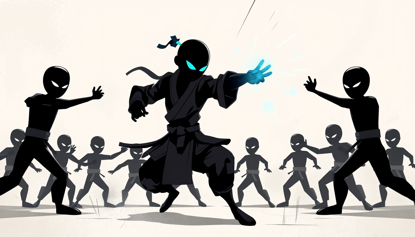 Characters idea: original character design, detailed outfit and accessories, expressive personality, A minimalist black stick figure with glowing blue eyes fighting ag
