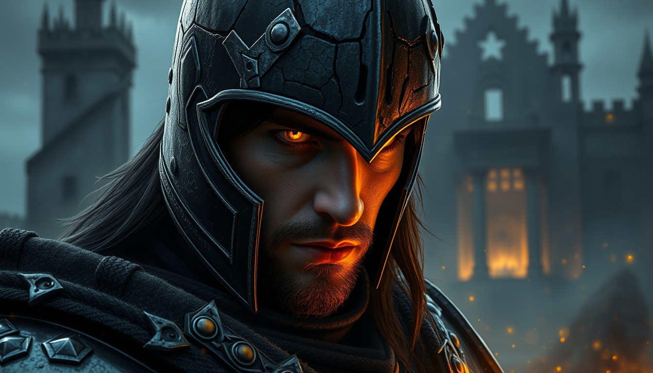 Main art studio: A dark fantasy warrior inspired by Elden Ring, close-up portrait, intimidating male knight wearing detailed black and dark silver armor, cracked metal