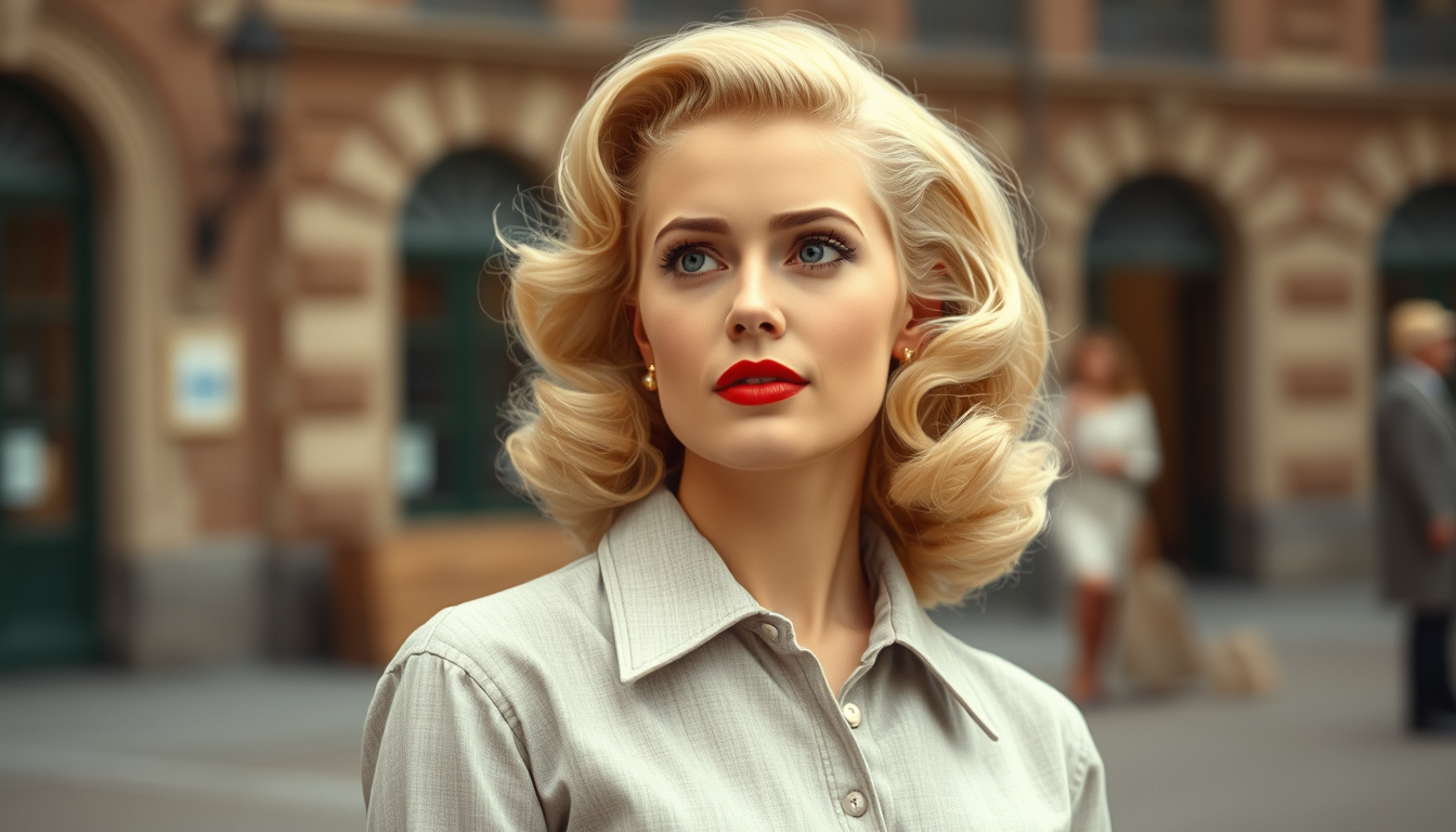 Main art studio: blondes mädchen in kleidung aus den 1950er jahren ganz körper bild