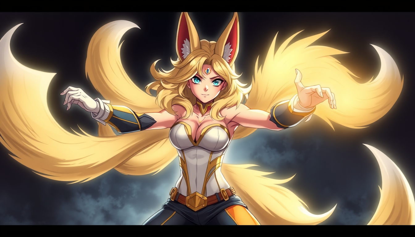 Superhero idea created from the prompt: original superhero character design, dynamic pose, bold costume, dramatic lighting, comic art energy, Anime style female kitsune with 4 tail