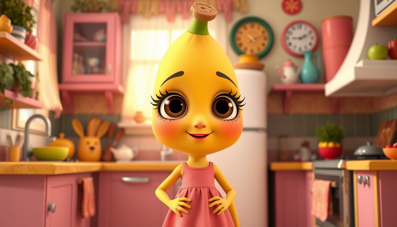 Main art studio: Cute anthropomorphic banana mother with a sweet face and big expressive eyes, wearing a pink dress, standing in a colorful cozy kitchen, cute 3D anima