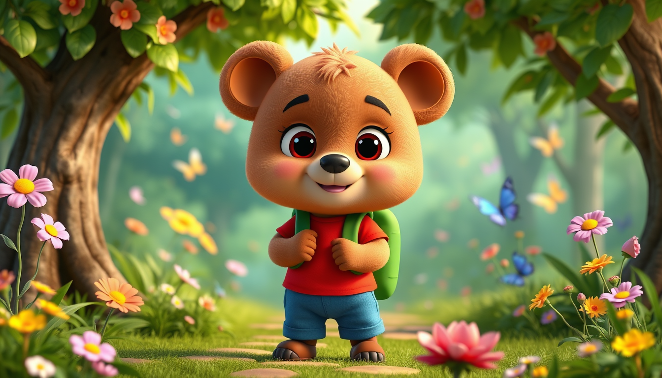 Main art studio: Bruno the Bear, a cute little brown bear cub with round ears and big friendly eyes, wearing a red T-shirt, blue shorts, and a green backpack. Standing