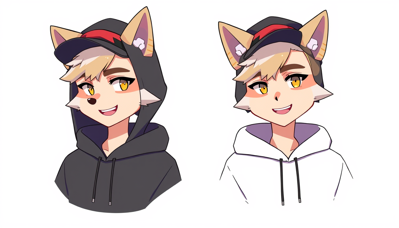 VTuber idea: vtuber avatar character, anime style, expressive face, streaming-ready design, emo fox male black hoodie,black hat , clean vtuber model illustration