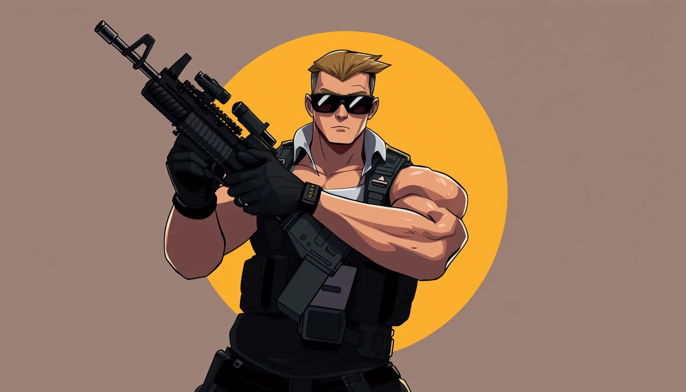 Characters idea: an original character defined by silhouette, role, outfit, palette, and expression, deliberate composition, a fit muscular soldier with a machine gun
