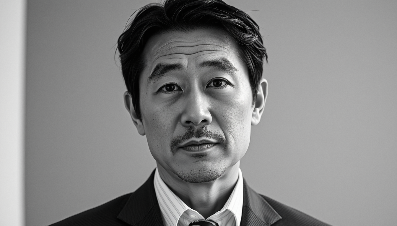 Main art studio: Professional black and white photography. Japanese male in his 40s.