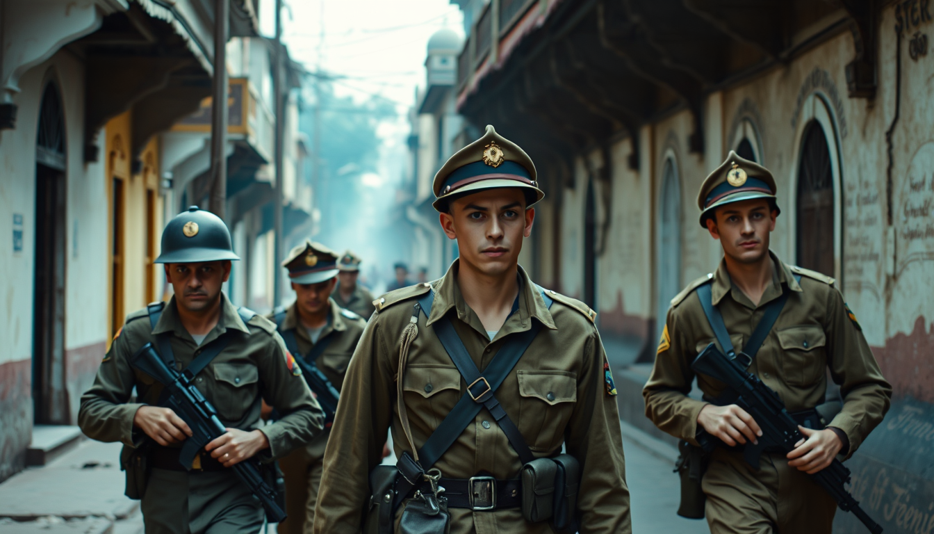 Main art studio: 1940s Indian street, British soldiers patrolling, vintage military uniforms, realistic historical scene, 4K, 16:9