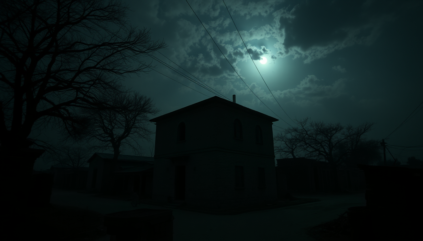Main art studio: A remote Pakistani village near Lahore at midnight, an old isolated two-story brick house standing at the end of a deserted narrow street, old trees m