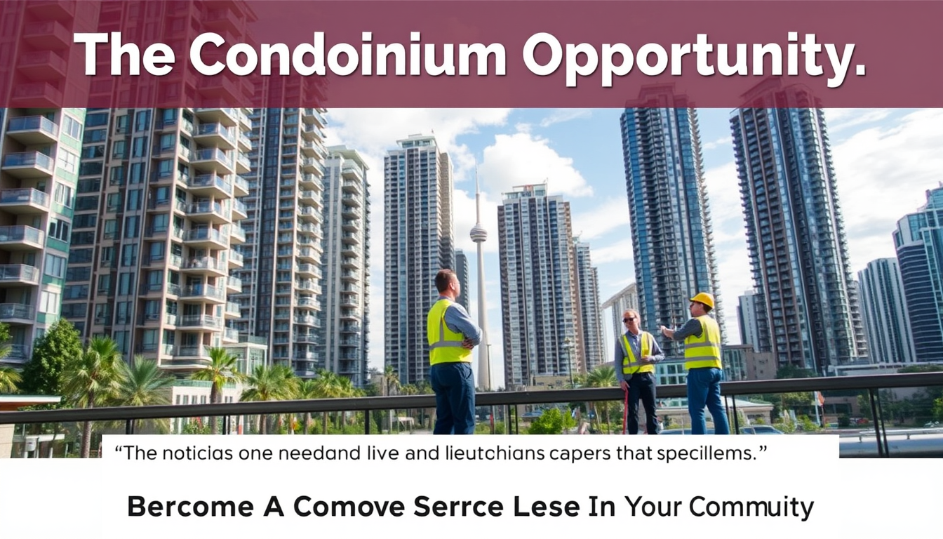 AI Art prompt example created from the prompt: The Condominium Opportunity” Target investors. Show: Toronto condo towers. Property managers needing reliable service. Technicians solving p
