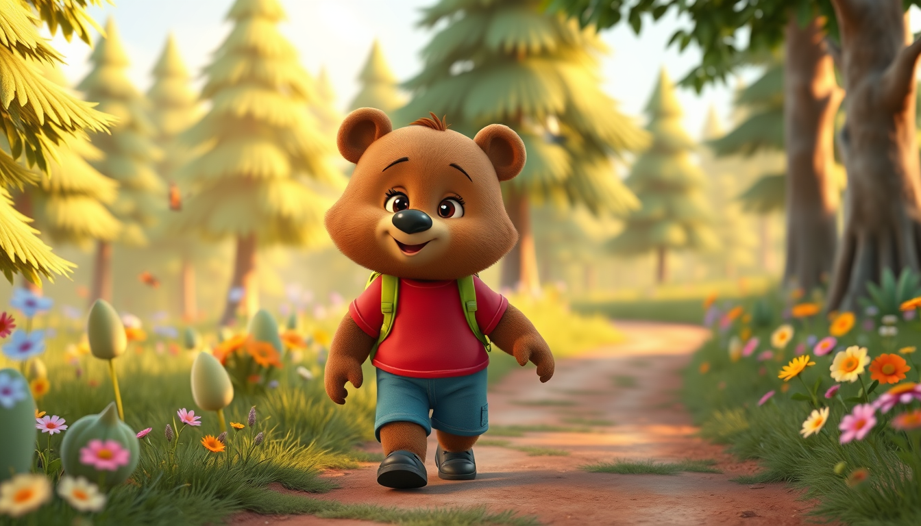 Main art studio: Use the exact same Bruno the Bear character from the first image. Bruno is a cute little brown bear wearing his red T-shirt, blue shorts, and green ba