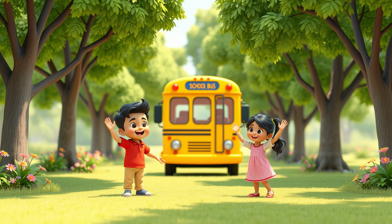 Main art studio: Aarav and Meera stand happily in a bright green park. Their cute small yellow school bus slowly drives toward them from the distance. Both children ex
