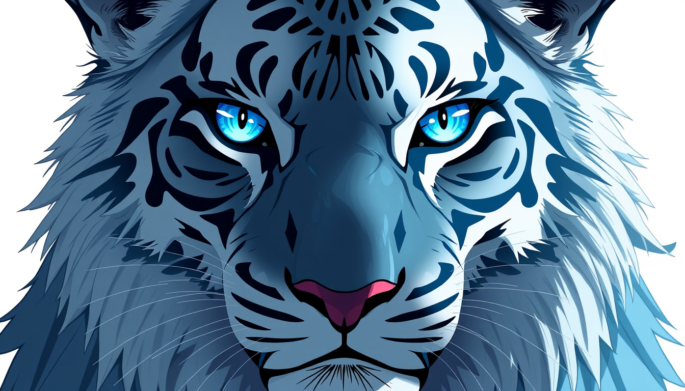 Main art studio: crie uma imagem de plano inteiro de um leão no estilo anime com olhos azul e uma mecha azul