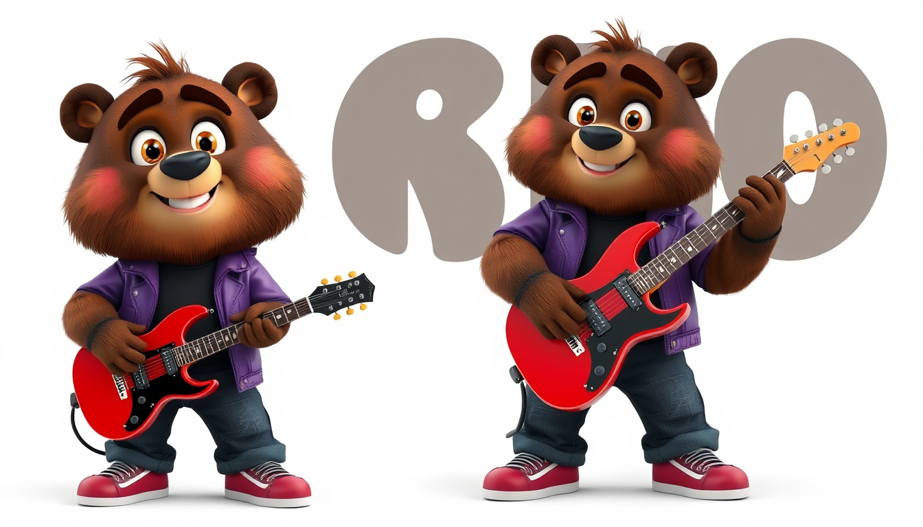 Main art studio: Cute 3D animated anthropomorphic brown bear rockstar named Rocky. Chubby body, soft dark brown fur, expressive amber eyes, thick eyebrows and a cheeky