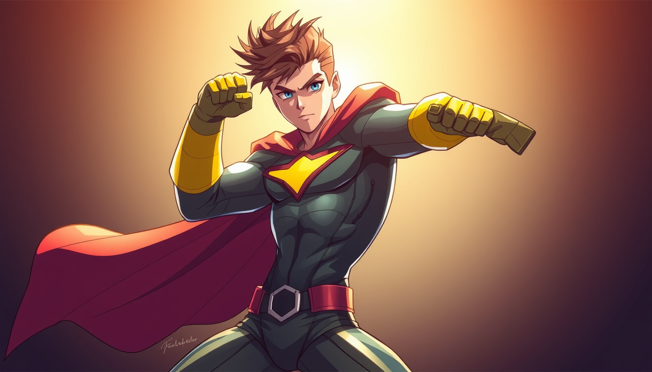 Superhero idea created from the prompt: original superhero character design, dynamic pose, bold costume, dramatic lighting, comic art energy, vtuber avatar, anime style, expressive