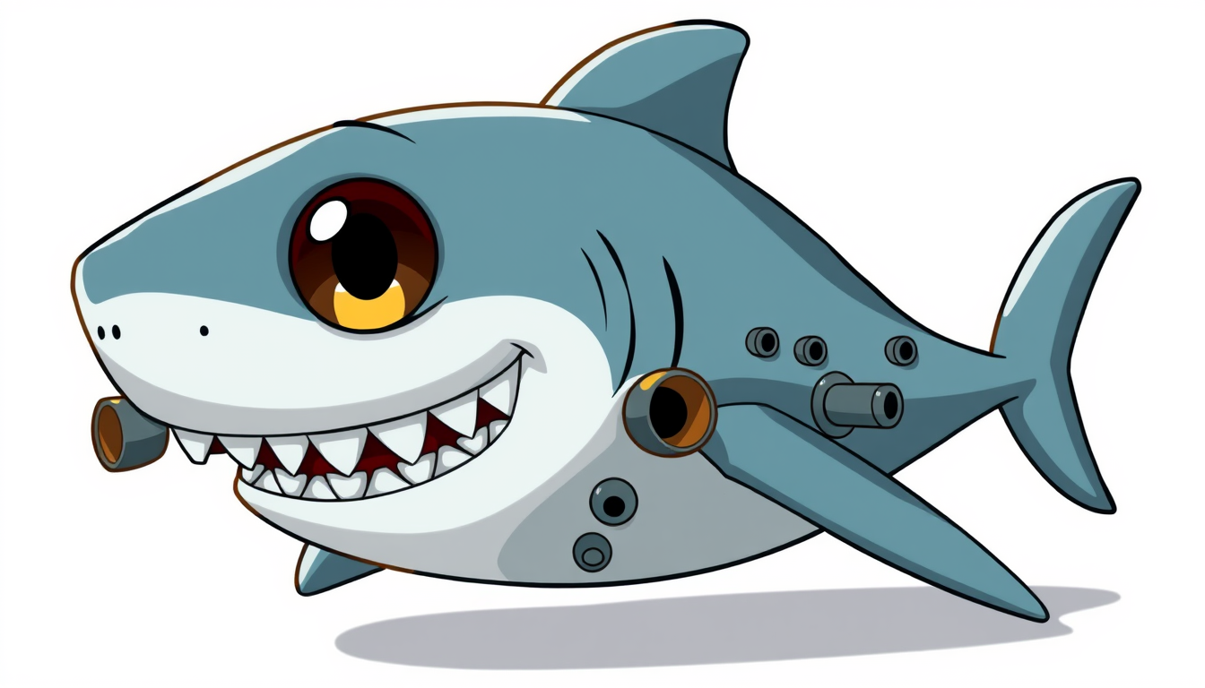 Main art studio: Cool cartoon shark. Two normal eyes. Many cannons on its body. Cannons are NOT eyes.
