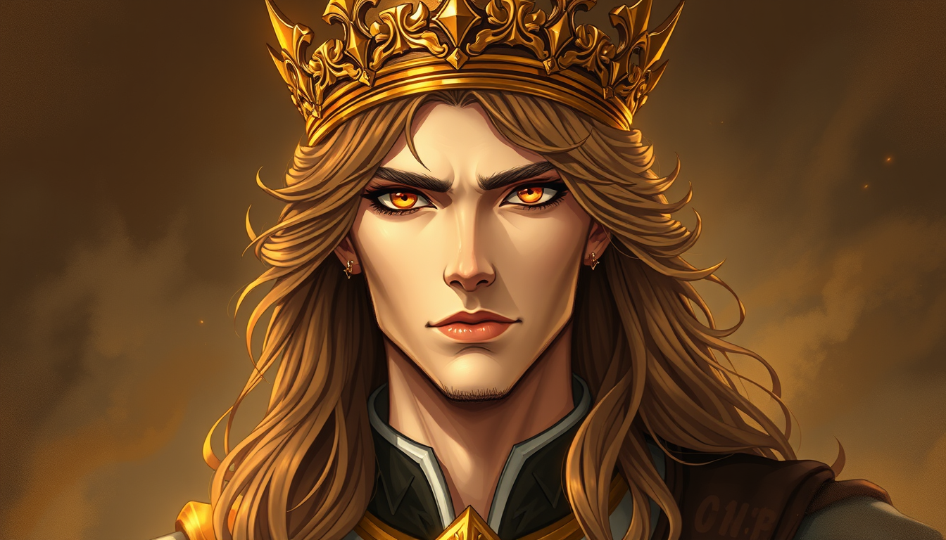 Main art studio: A highly good art image with a gold crown brown hair and golden, like eyes, not literally golden eyes. But a darkened type version of it, just mouth i