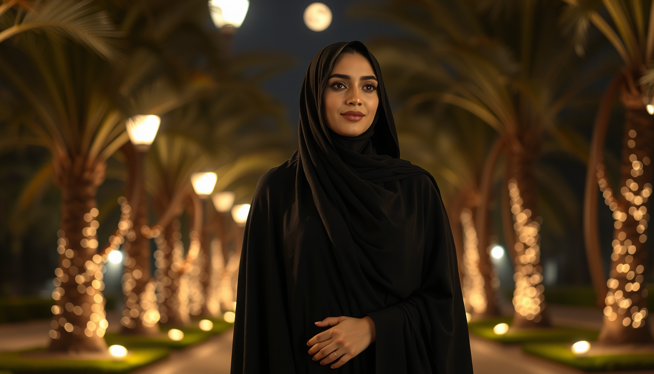 Main art studio: A beautiful elegant Arab woman wearing a flowing black abaya, standing peacefully in a beautiful Saudi-inspired nighttime setting, surrounded by trees