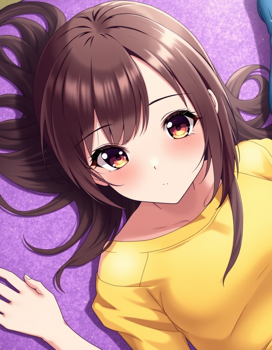 Main art studio: A close up romantic image of a beautiful teenage anime girl with a soft round face and long flowing brown hair around her face wearing a yellow should