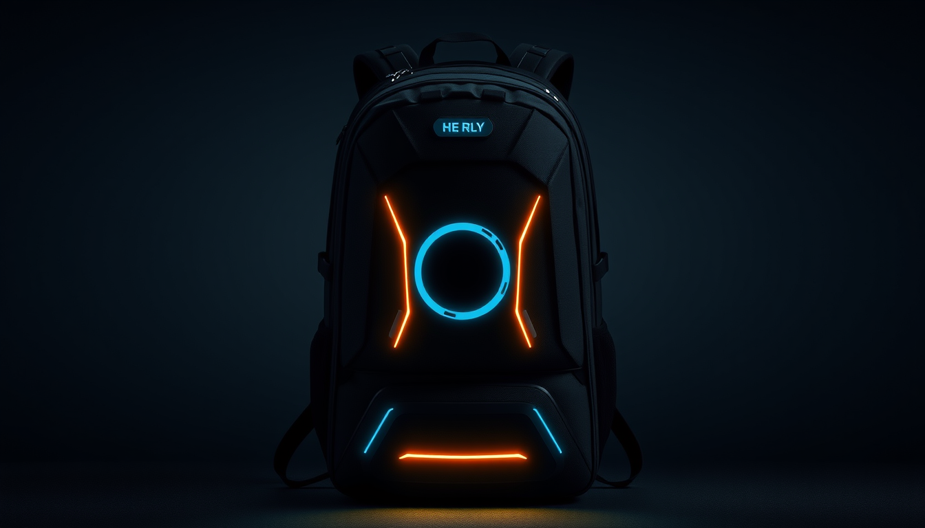 Main art studio: Hi, erstelle mir ein Bild von einem Smart Rucksack, welcher LED Licht, Sprachsteuerung, Ortung, mit dem Handy beidenen kann und modern ist. Am besten
