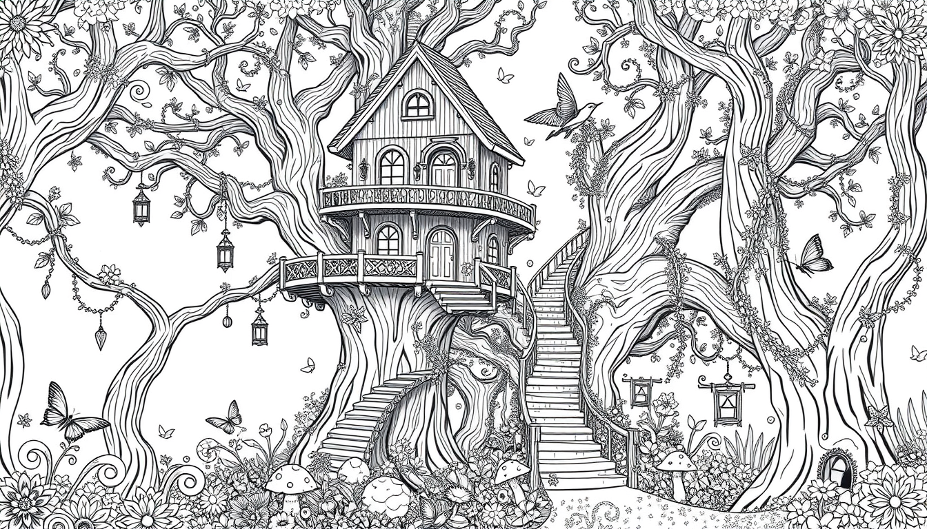 AI Art prompt example created from the prompt: A magical treehouse in a huge enchanted forest, with a detailed wooden treehouse, winding stairs, bridges between trees, hanging lanterns, t