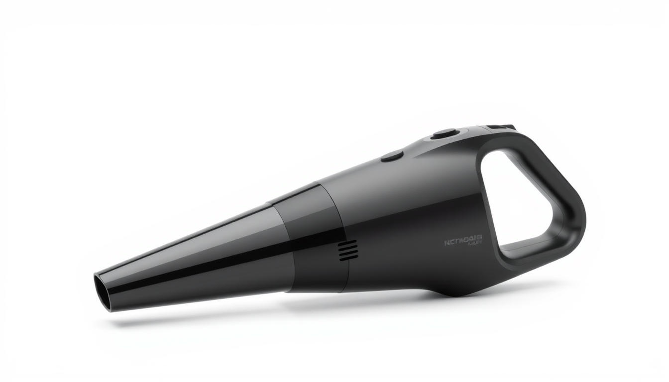 Main art studio: A professional industrial design concept render of a handheld cordless car vacuum cleaner. Show one compact vacuum cleaner only, with a distinctive op