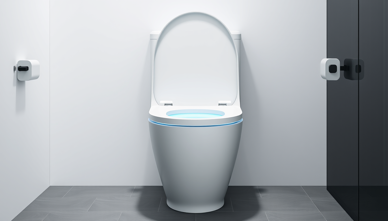 Main art studio: A premium futuristic smart toilet called CleanSense, designed as an innovative bathroom technology product. Elegant minimalist monobloc design, smooth