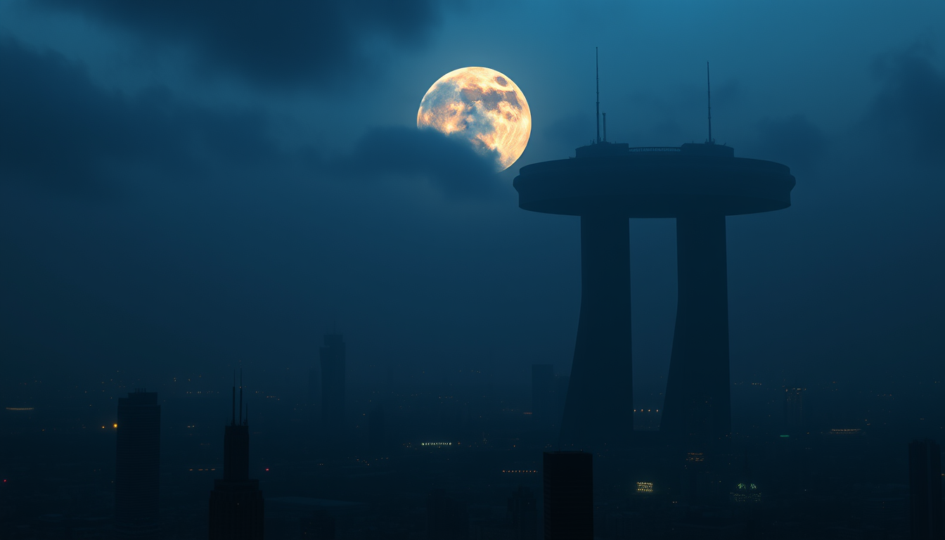 Main art studio: Towering above the skyline were colossal black structures that had appeared without warning twenty years ago. (towers should be in sky like circle and