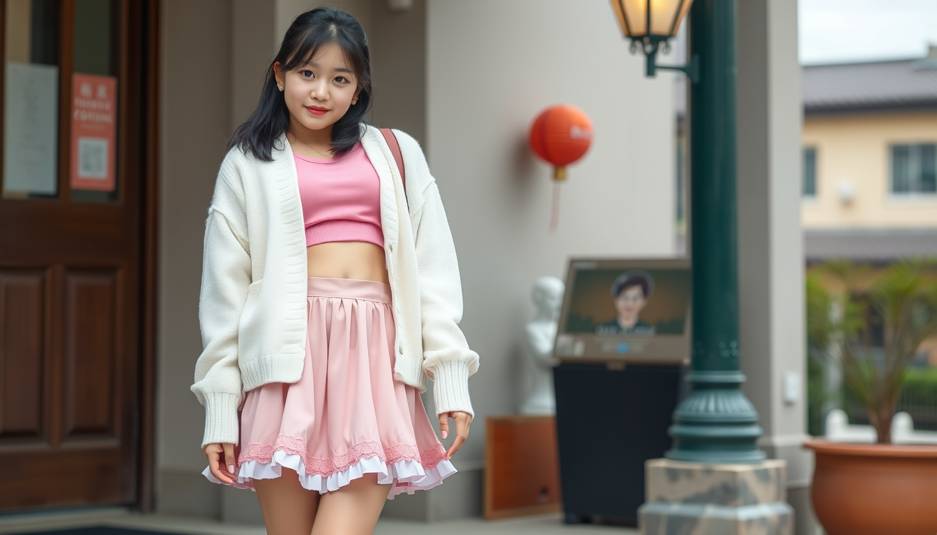 Main art studio: a zoomed-out view of a cute slim korean girl with black hair, a pink crop top and a white, open-fronted jumper. a short ruffled pink and white skirt.