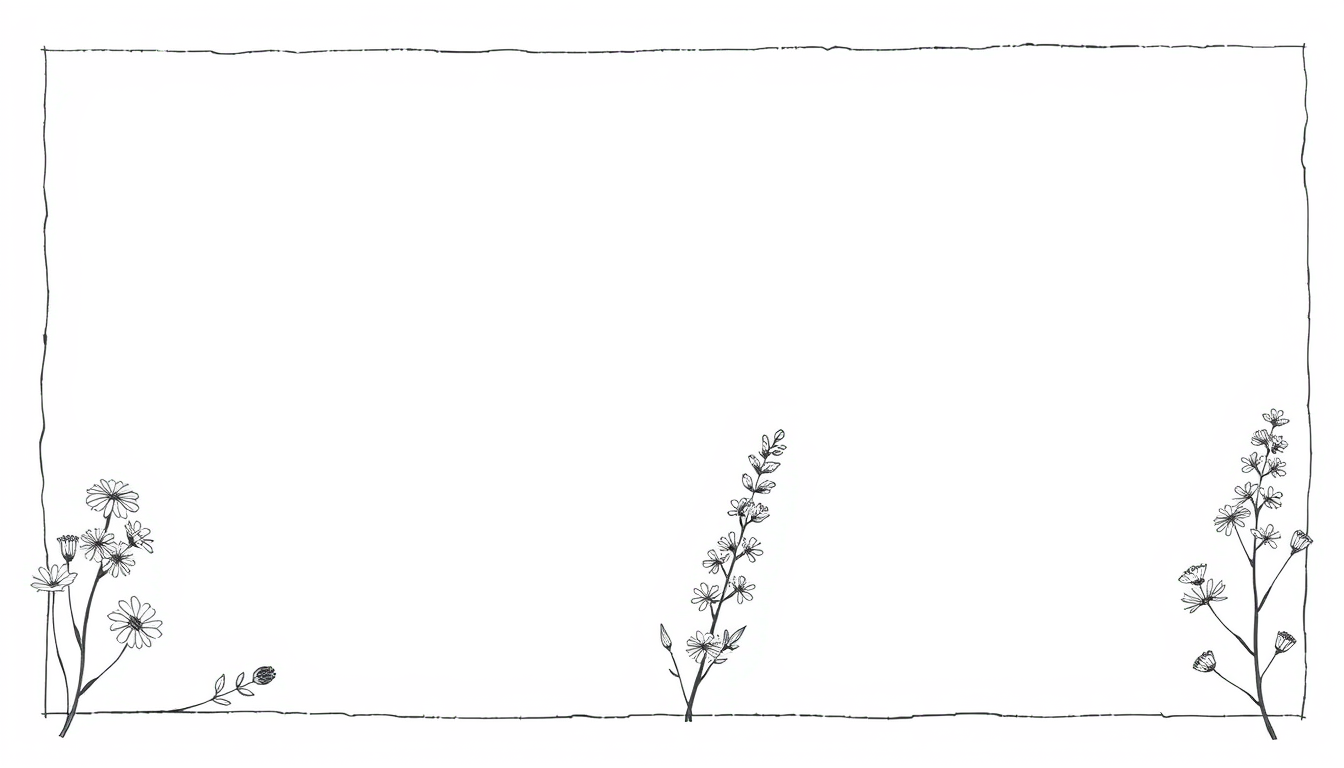 Main art studio: Grundlage: DinA4 Papier - Auf dem Din A 4 Papier befinden sich 6 schlichte Rahmen. Diese sind verfeinert mit gezeichenten Wildblumen in schwarz weiß, 