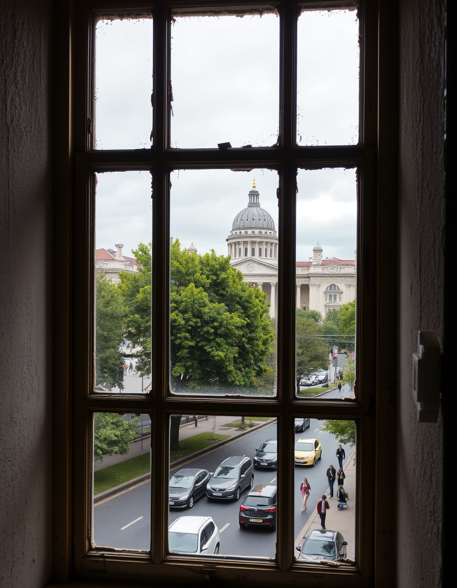 Main art studio: A view through an old double-pane window overlooking a popular and recognizable landmark in Warsaw — the Palace of Culture and Science. Outside the wi