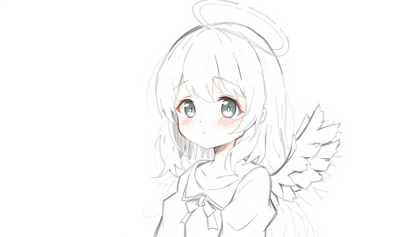 Main art studio: anime style, cute girl angel, soft pencil sketch, delicate lines, fluffy white hair, gentle atmosphere