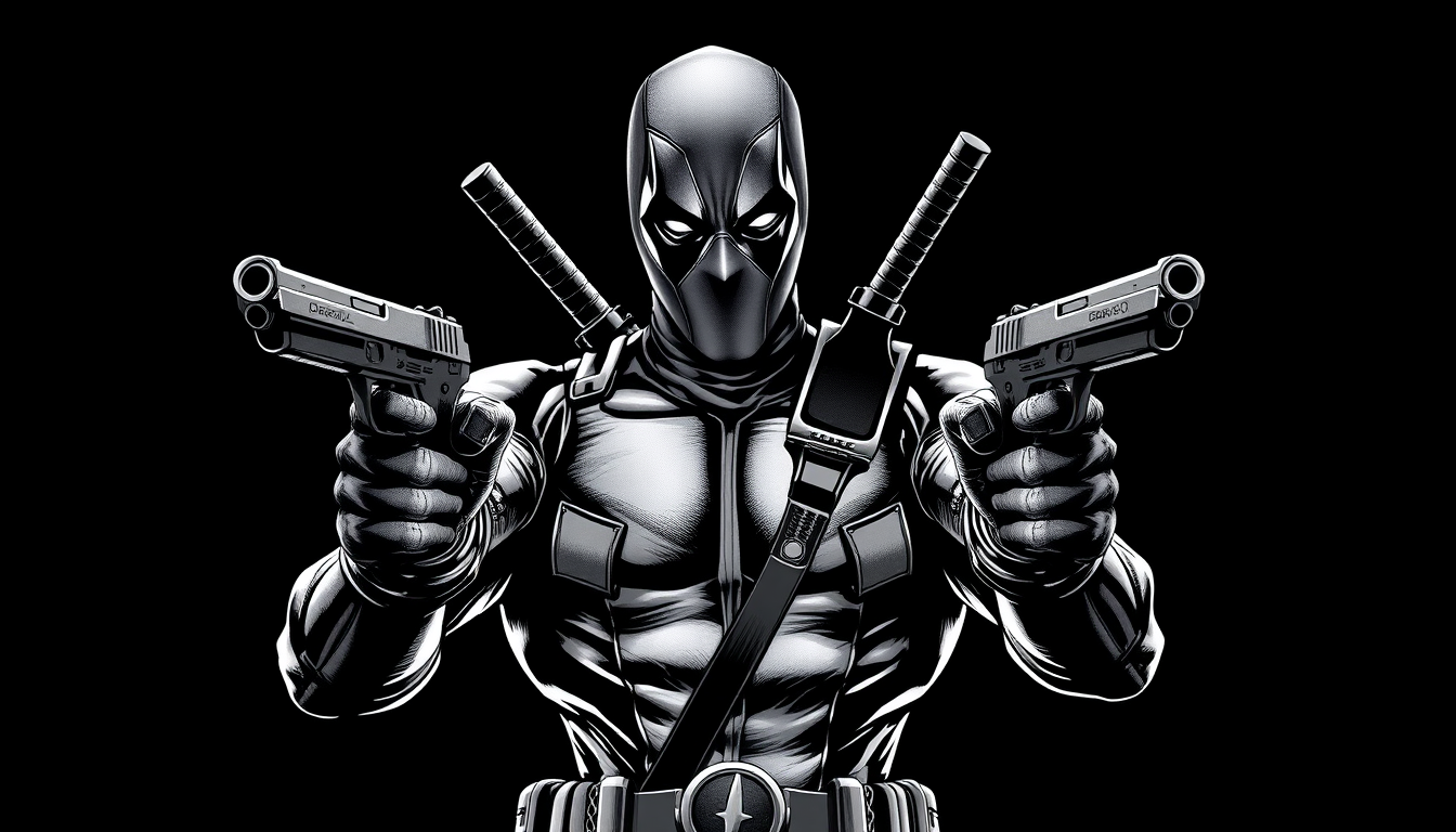Main art studio: Ultra detailed full body Deadpool, black and white comic ink illustration, pure black background, both arms extended straight toward the viewer holdin