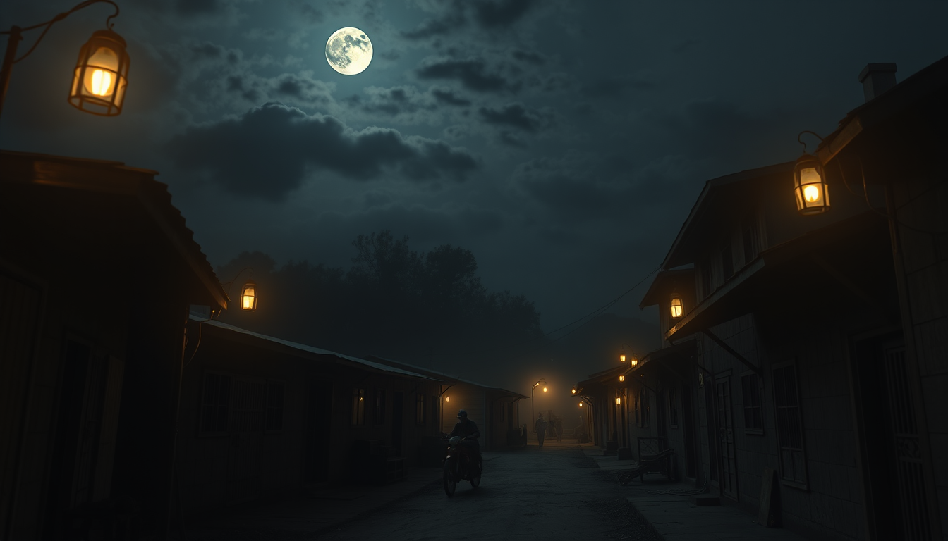 Main art studio: Ultra realistic cinematic 4K photograph, 1940s British India, a quiet old Indian town at midnight, traditional houses, narrow empty streets, old woode