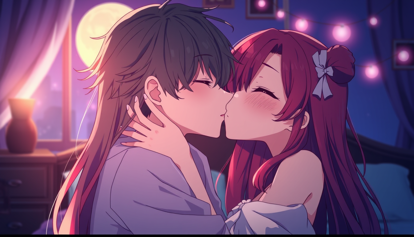 Anime idea: anime style, vibrant colors, expressive eyes, Beautiful anime art of Saymn and Sneshka sharing a gentle, mutual kiss in a cozy bedroom at night. Eyes 