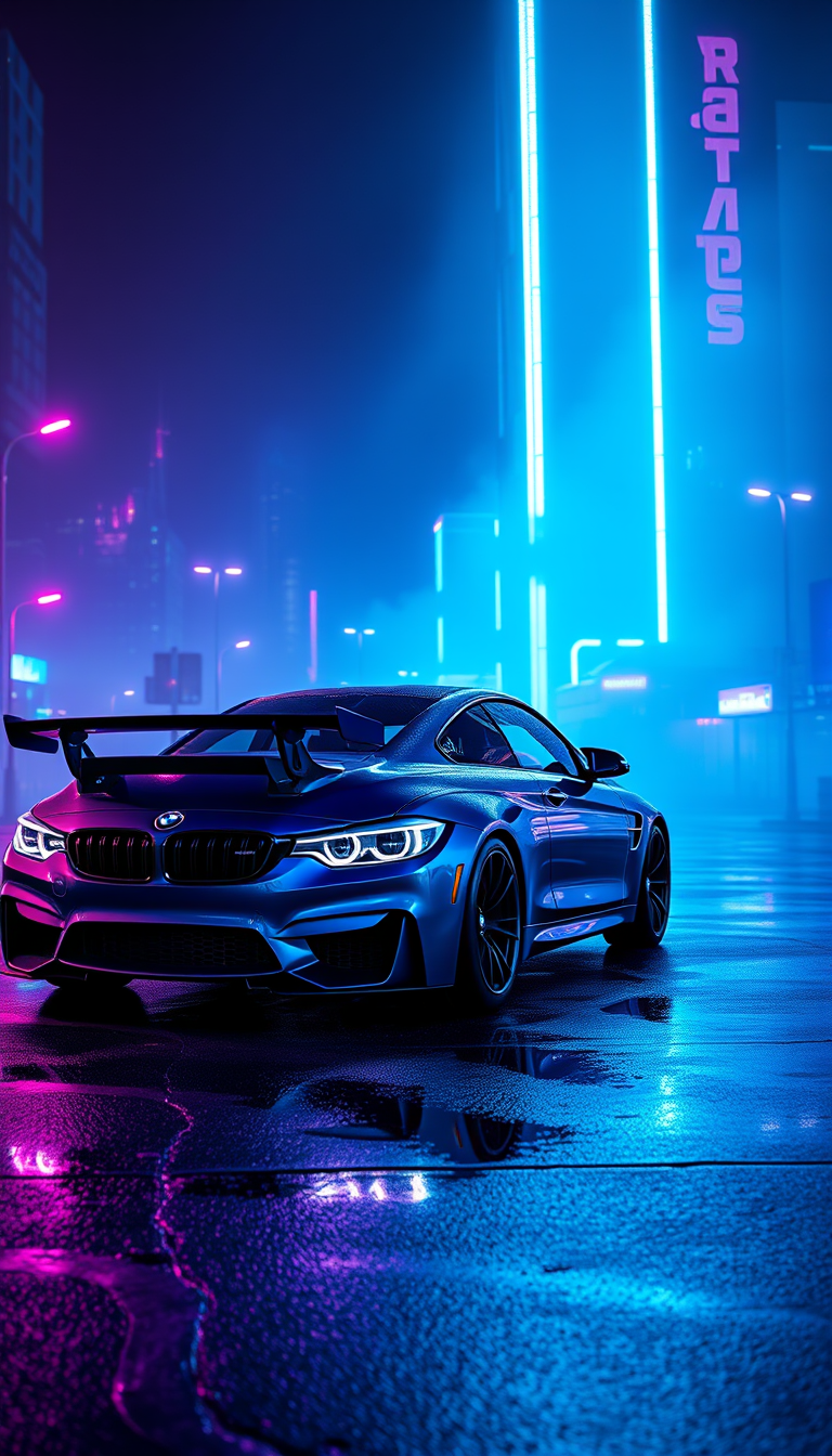 Main art studio: A metallic blue BMW M-series parked beneath futuristic neon lights at midnight, intense blue and purple reflections, wet pavement, atmospheric fog, fu