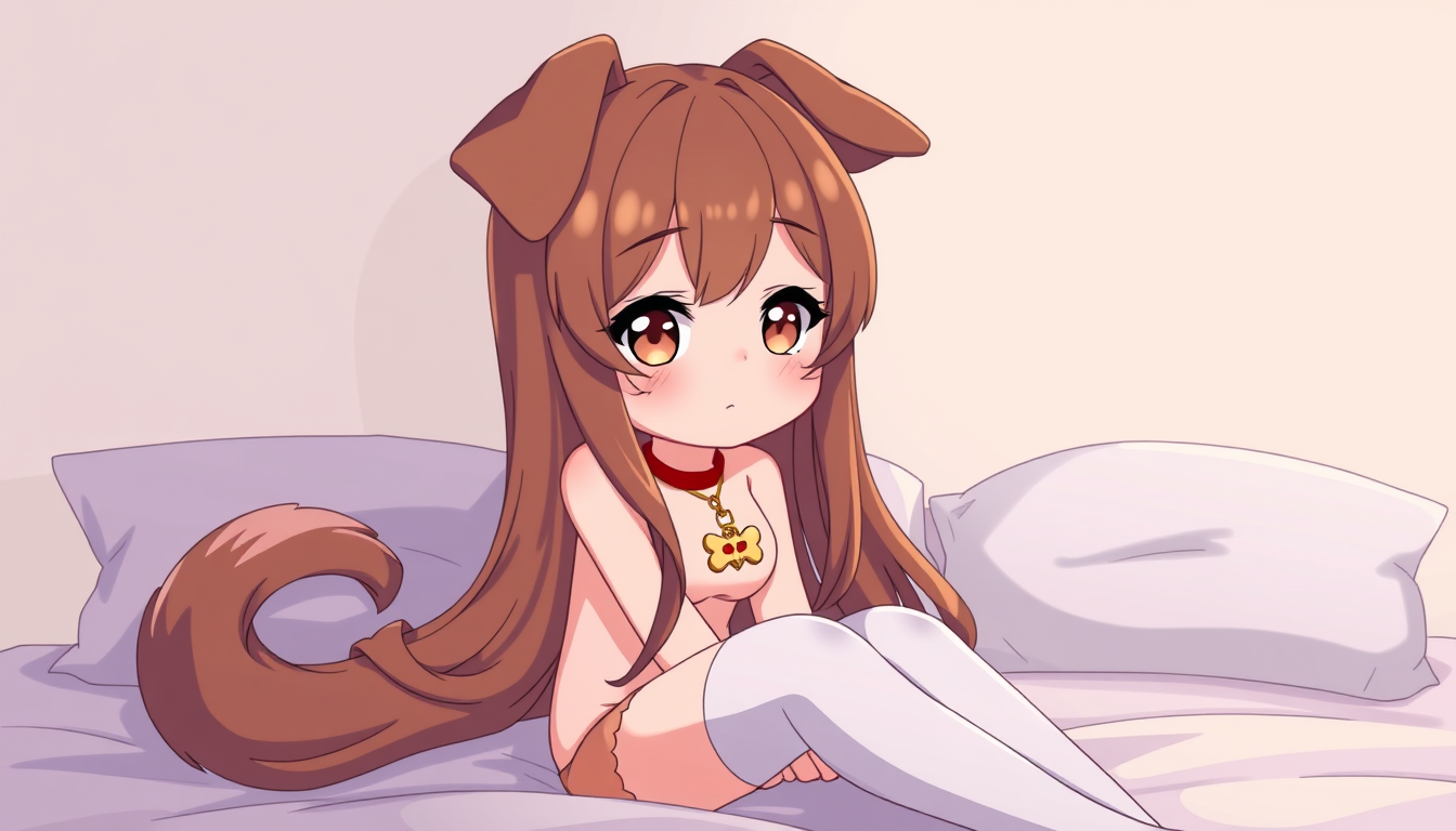 Main art studio: Digital anime illustration of an adorable original character, brown fluffy long hair, puppy ears, brown dog tail, brown eyes, winking, wearing a bone 