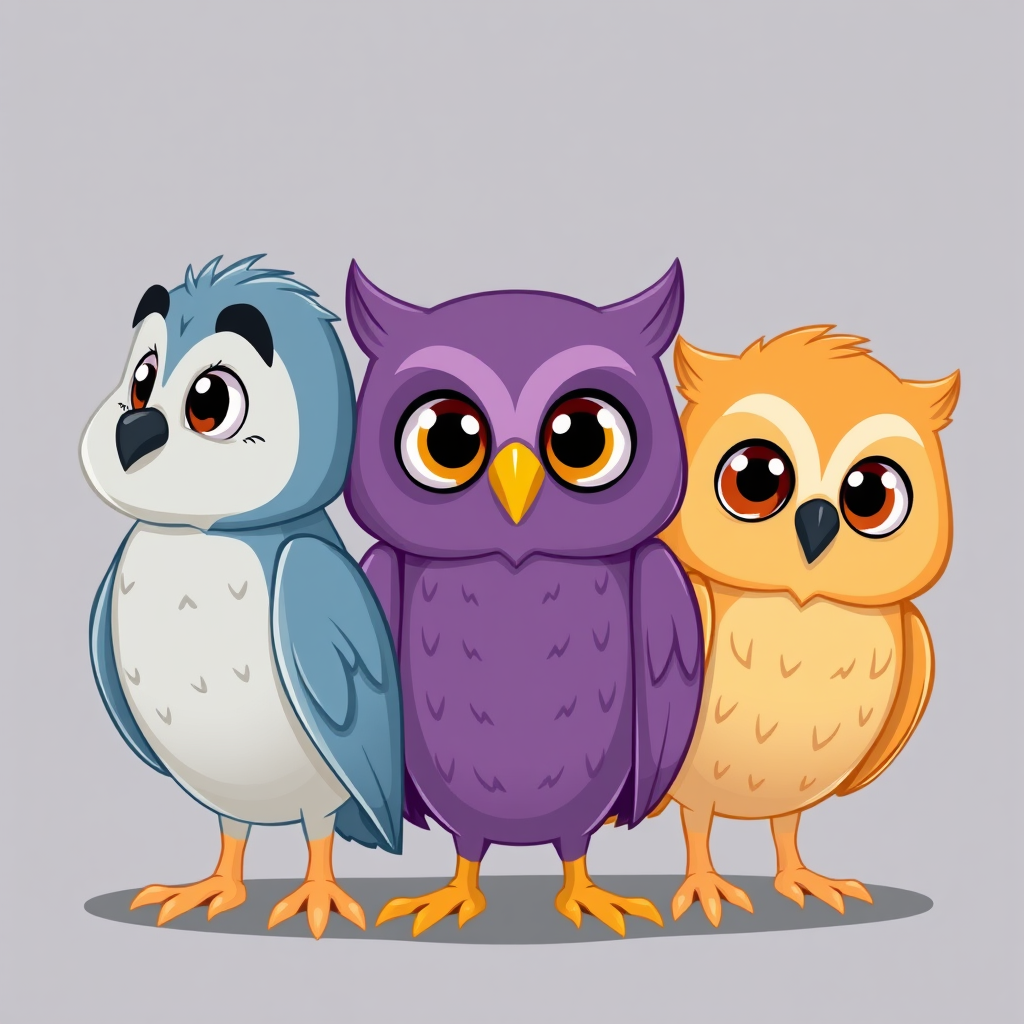 Main art studio: Exactly three cute cartoon owls with identical beak shape and size. All three have fully open eyes, clearly visible and lively. Left blue-gray owl: bo