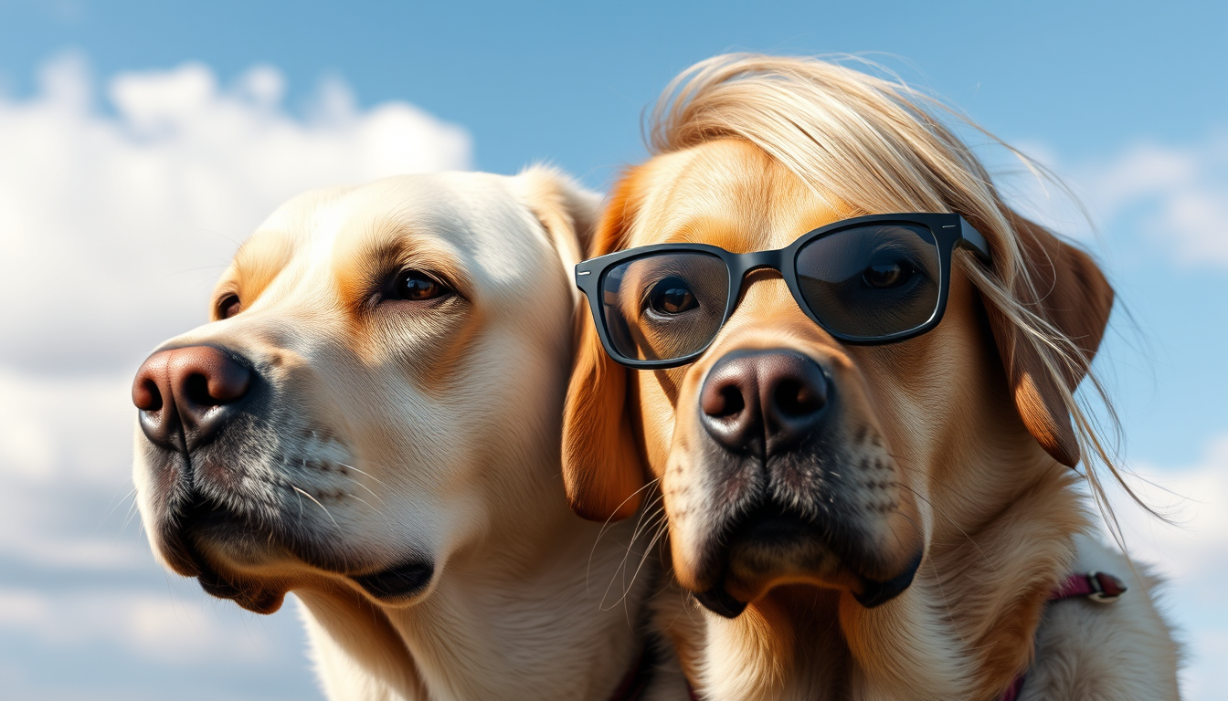 Main art studio: Älterer brauner Labrador im Gesicht schon weiß und eine Frau blonde Haare mit Brille ca 170 groß mit dem Schriftzug gute Besserung sky