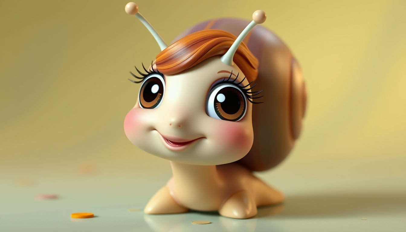 Main art studio: Cute female anthropomorphic snail, clearly feminine, big adorable eyes, long eyelashes, cute feminine face, glossy colorful shell, sweet cheeky smile,