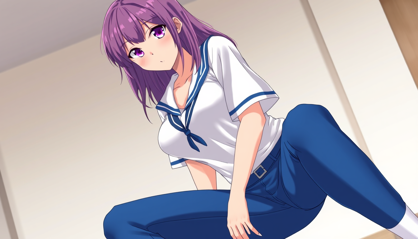Main art studio: a full body shot of a adult anime girl in her 20's, purple hair and pink eyes, white t shirt / school shirt with tight blue trousers, big thighs and l