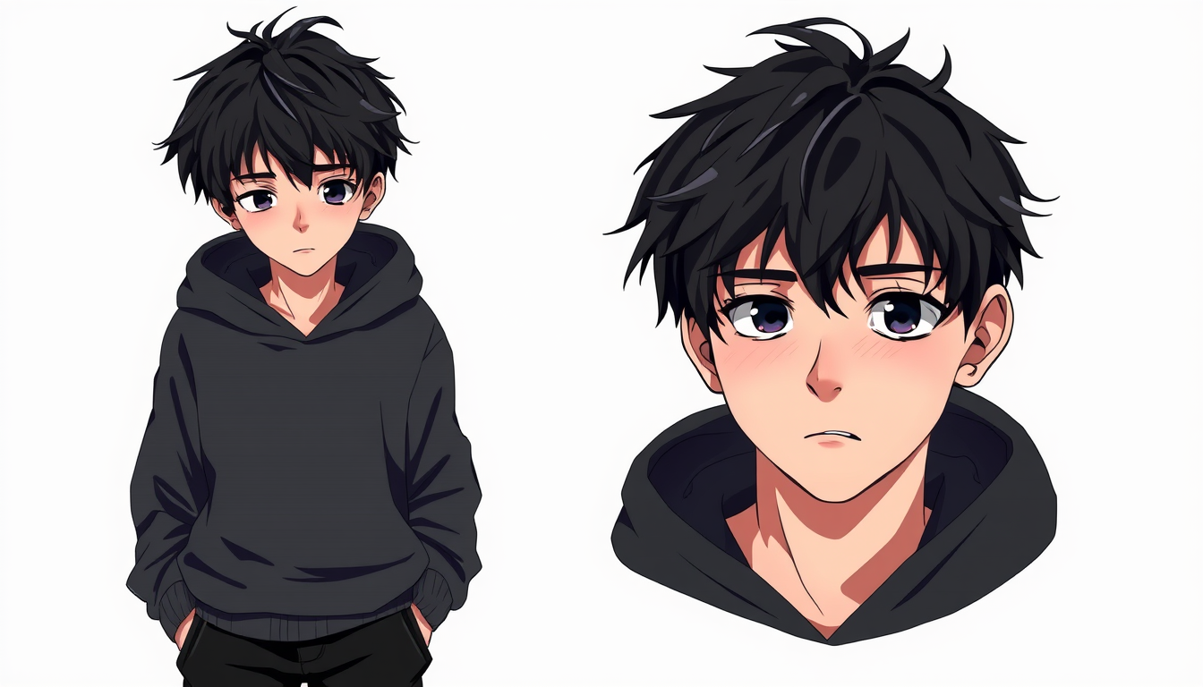 Anime idea: anime style, vibrant colors, expressive eyes, young adult man with messy black hair, tired dark eyes, and natural skin texture. Wearing an oversized c