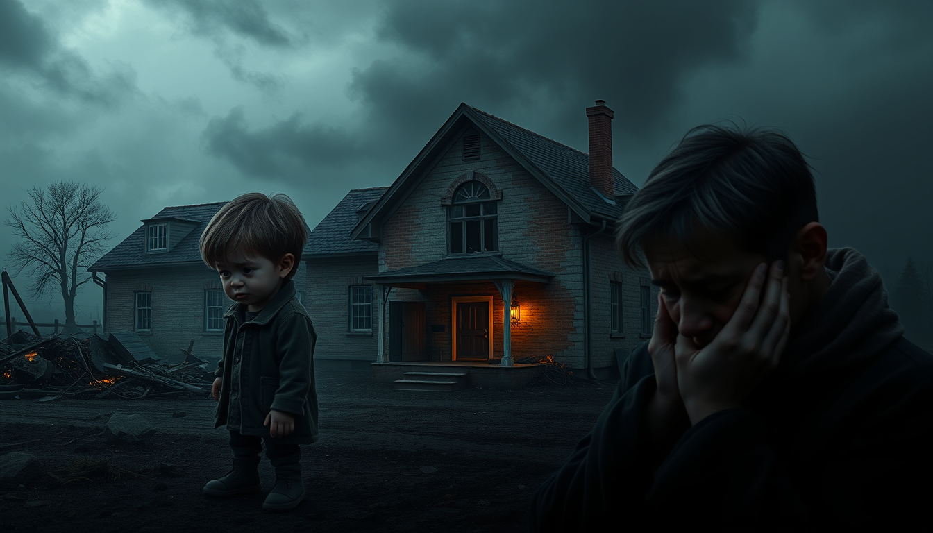 Main art studio: make an image where one child is crying over his destroyed school a family is grieving over their home and an adult crying at the warfield make it mor